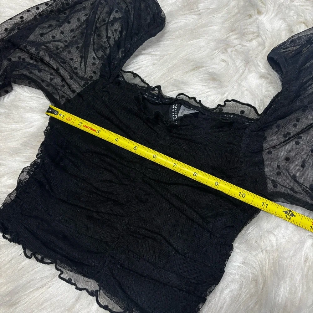 Divided Black Tulle / Lace Velvet Polka Dot Rouched Long Sleeve Crop Top size XS